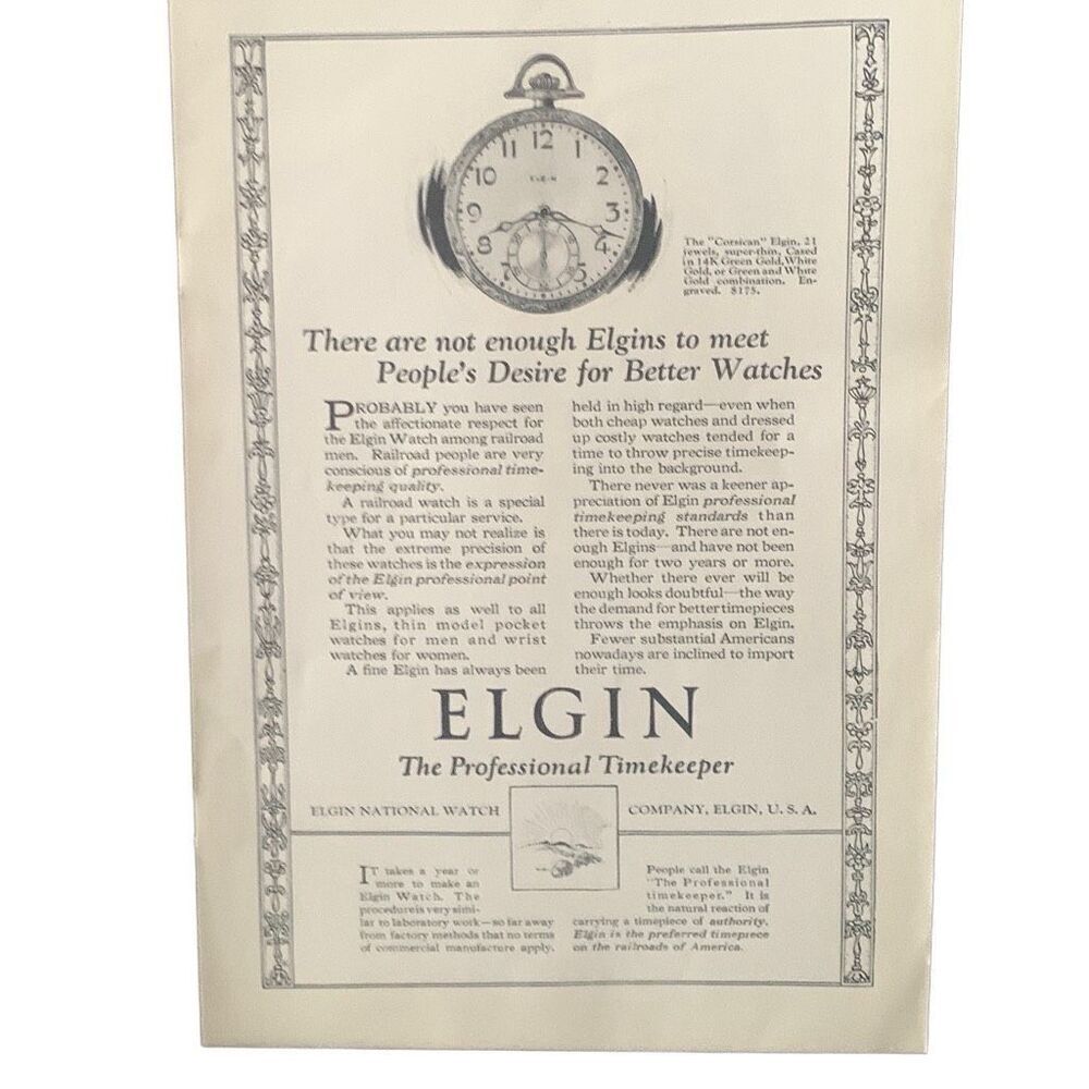 Vintage 1923 Elgin Watch Not Enough to Meet Desire Ad Advertisement